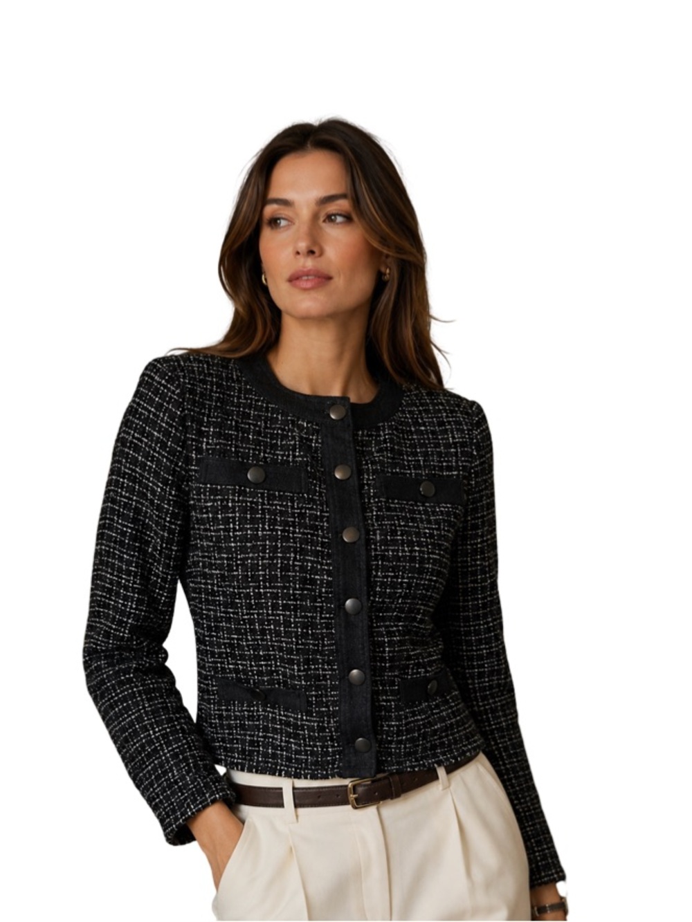 Ecru Tweed/Denim Jacket - Old money, Luxury, Snaps Size M